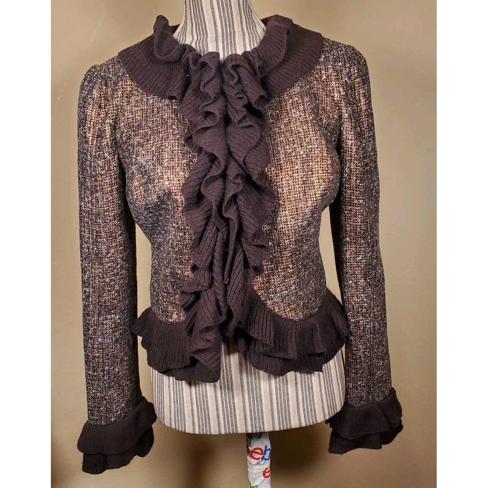 Magaschoni Women's‎ Metalic Brown Ruffle Cropped Jacket Sz 6 Formal
